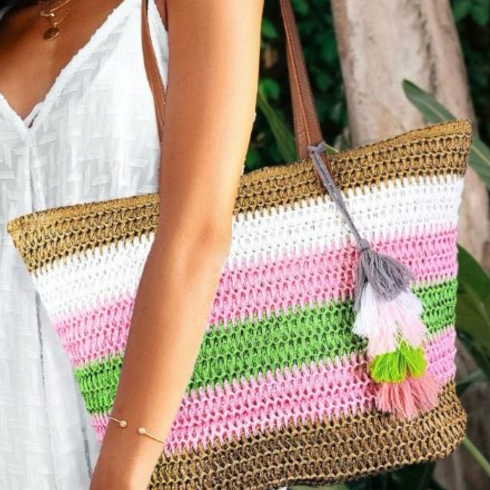 NEW Colorful striped straw woven beach tote bag